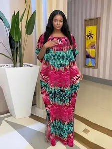 Summer New Fashion African Kaftan, Plus Size Loose Print Rhinestone Dress, Breathable Comfortable Elegant Party Long Dress, Matching Scarf Fringe