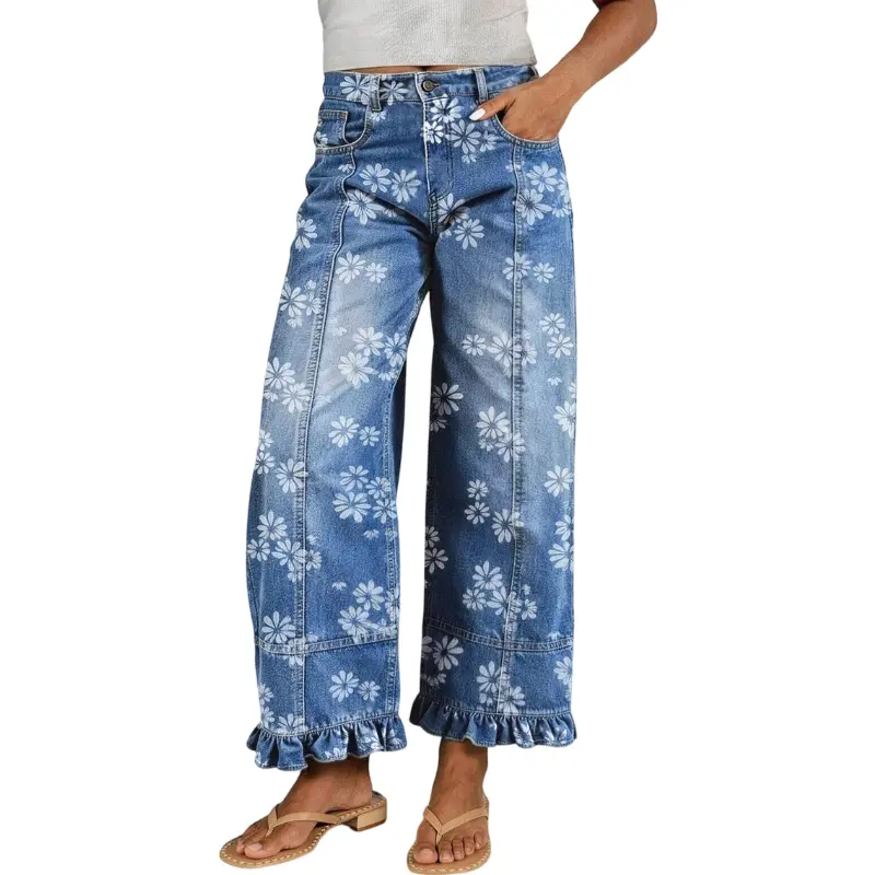 Flamingals Floral Pattern Ruffle Stitch Detail Mid Waist Wide Leg Crop Jeans Stretchy 29.1'' Inseam