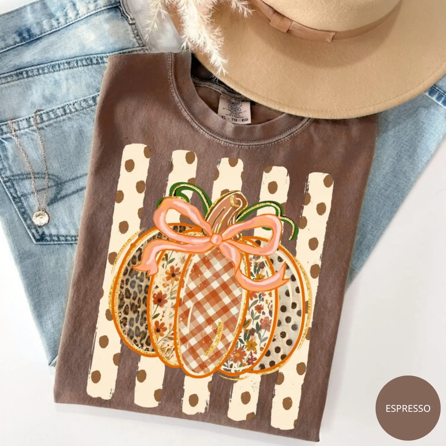 Comfort Colors Preppy Fall Pumpkin Shirt, Coquette Floral Autumn, Striped Pumpkin, Gingham, Thanksgiving Pumpkin Spice, Leopard Dots Shirt  Gift Idea Women's Casual Short Sleeve Tee Cotton Fabric Tops