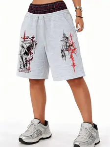 Gothic Angel Double Waist Sweat Shorts – Layered Waist Streetwear Shorts