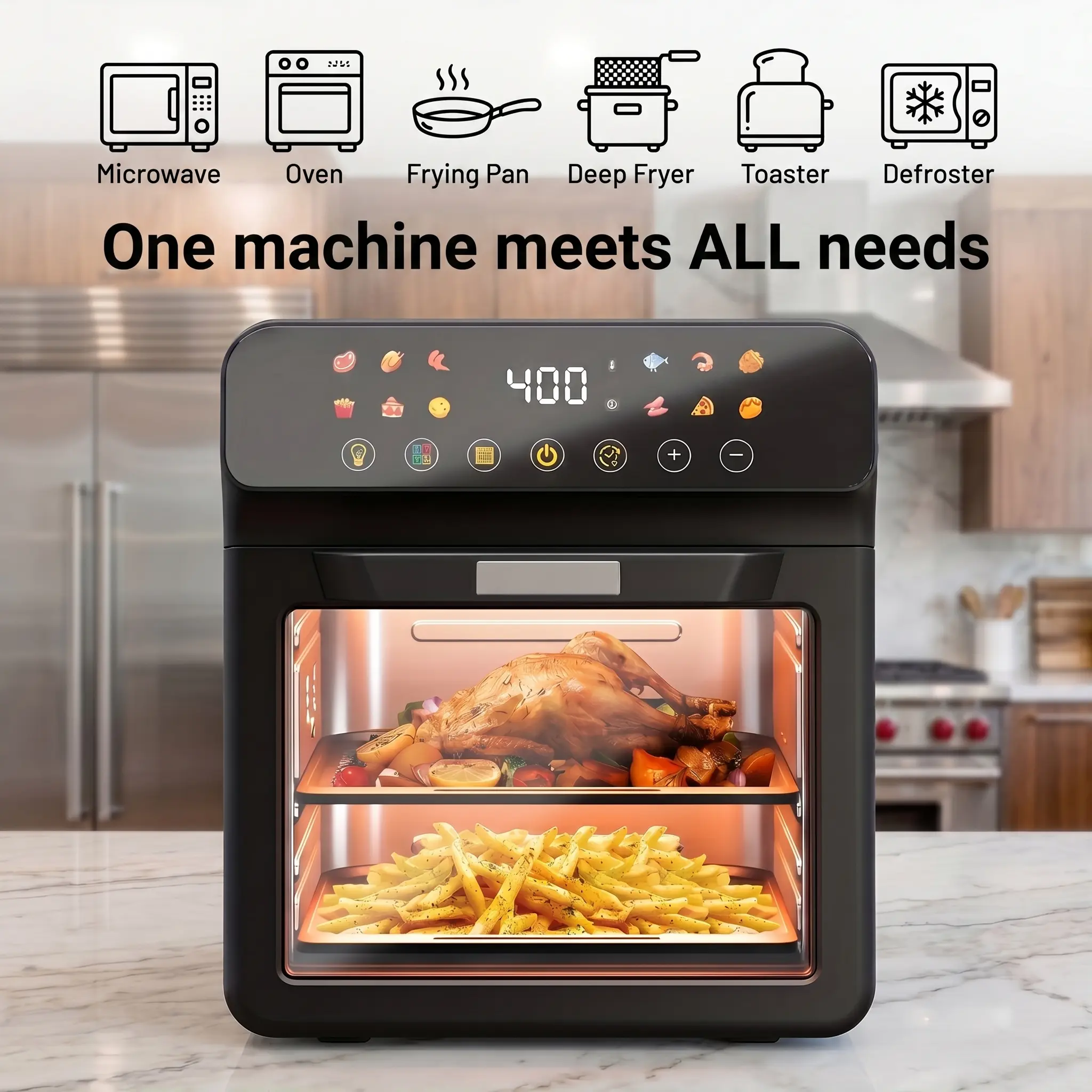 TazTir 6-in-1 12L Digital Air Fryer - Kitchen & Household Appliances, Convection Oven Countertop, Dehydrator, Electric Steamer, Quick Defrost, 19 Touchscreen Buttons, Fry/Roast/Bake, Family Size, Auto Shutoff, Large Easy-View Window, Black