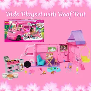 Kids Playset with Roof Tent & 60+ Accessories – BBQ Grill Color Change, Fishing Pond, Swing Chair, Dough Play Food Set, Creative Toy Gift
