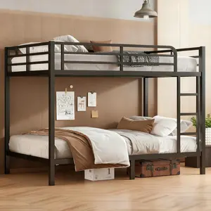 Full XL over Full XL Bunk Bed, Metal Bunk Bed with Full-Length Guardrails and Ladder for Bedroom Guest Room, Space-Saving Bed Frame with Slat Support, Noise Reduced, No Box Spring Needed, Black