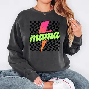 Neon Mama Sweatshirt, Checkered Mama Sweatshirt, Lightning Bolt Sweatshirt, Mothers Day Gift, Gift for Her, Mothers Day Sweatshirt, Gift