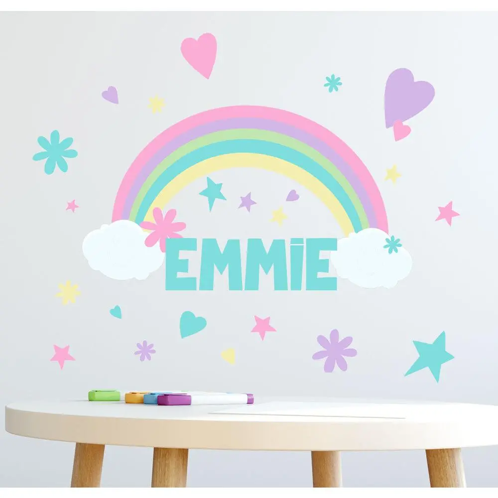 Personalized Name Wall Decal Girls Rainbow Decor Stickers 136 Piece Pastel Kids Room Ornaments Peel & Stick Removable