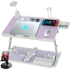Laptop Lap Desk Include Cooling Fan,Adjustable Lap Desk with Light Fan,Folding Laptop Desk for Bed with USB,Bed Desk with Storage Drawer 56x32cm,Purple