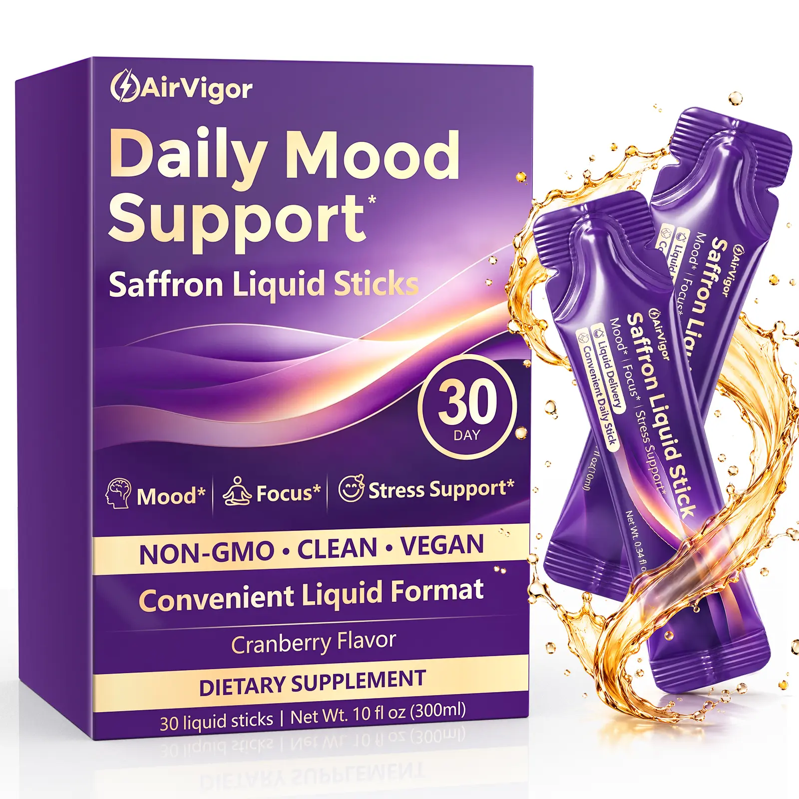 AirVigor Saffron Daily Mood Balance Liquid Sticks with 28mg Standardized Saffron, 100mg L-Theanine & Vitamin B6 – Calm Focus Support, Sugar-Free, Caffeine-Free, Vegan, Cranberry Flavor, 30 Sticks