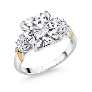 Gem Stone King 3-Stone Ring For Women | 925 Sterling Silver and 10K Yellow Gold | Center Cushion 10MM Gemstone Birthstone and Round 4MM White Moissanite | Available In Size 5, 6, 7, 8, 9