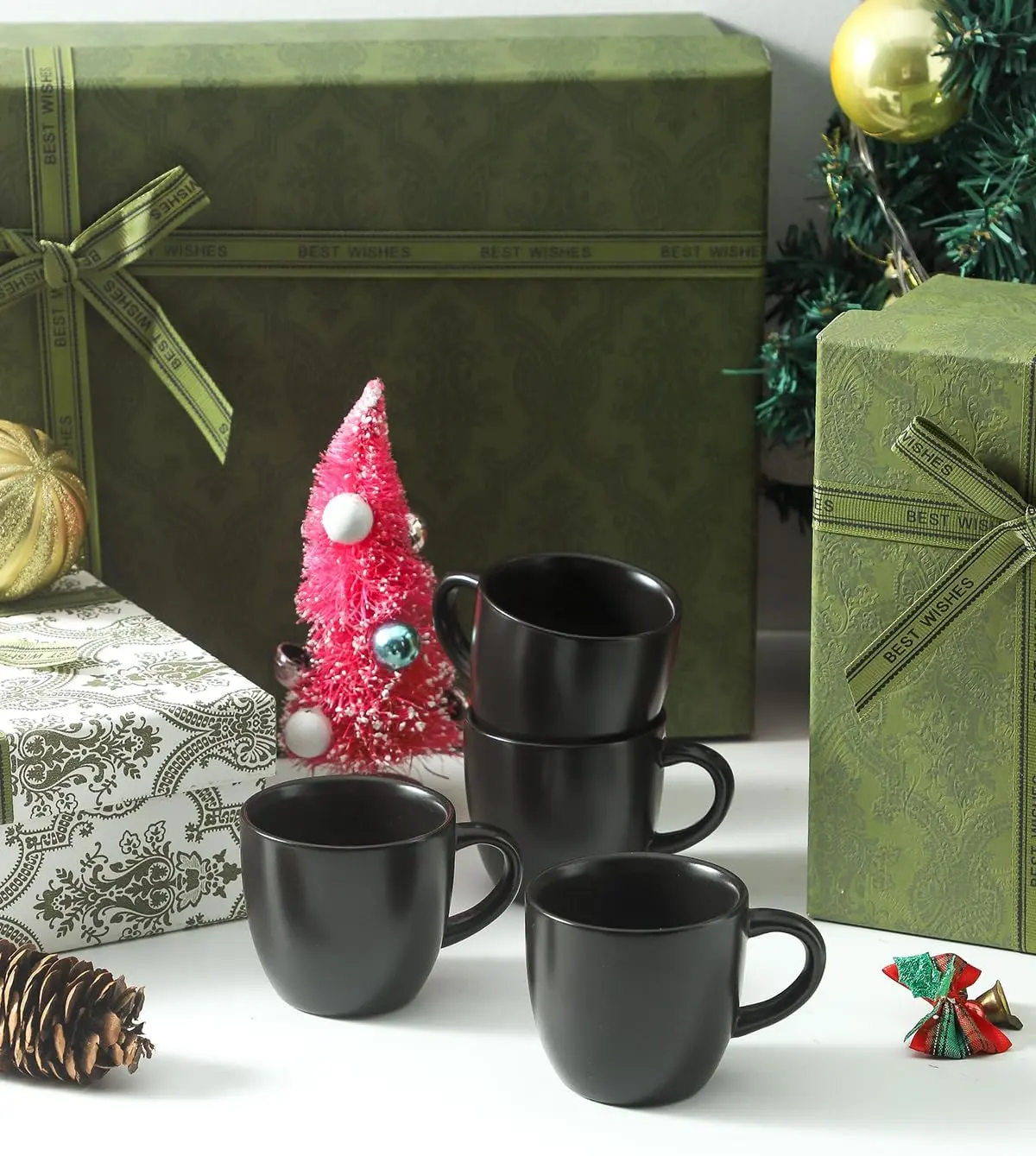 HASENSE 5oz Stackable Ceramic Espresso Mugs Set of 4, Black Mini Demitasse Cups with Curved Handle, Durable Kitchen Storage Drinkware for Coffee Drinking, Dishwasher Safe