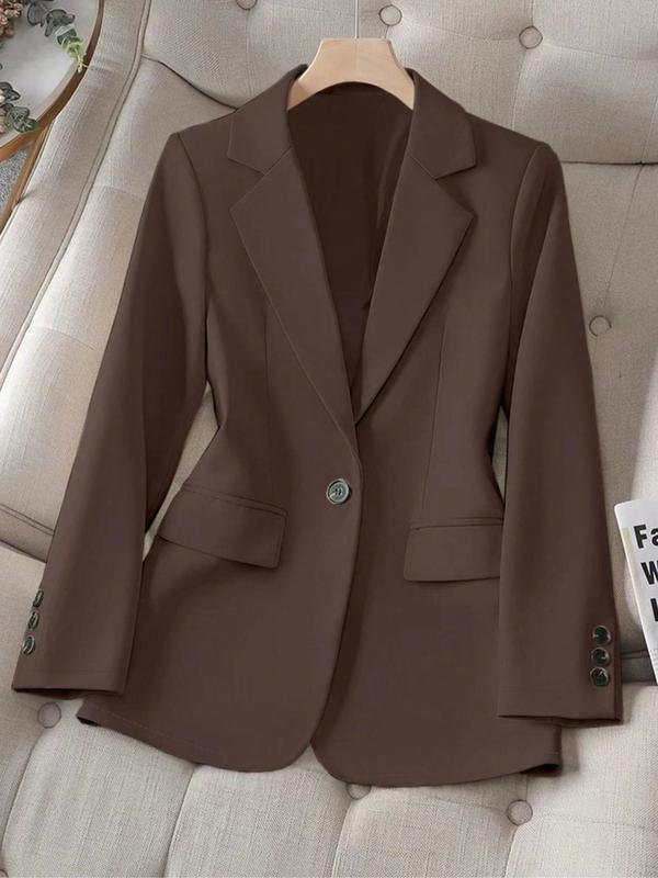Women's Spring & Fall Solid Color Lapel Long Sleeve Single Button Casual Commuter Blazer Jacket, Fitted Plain Design