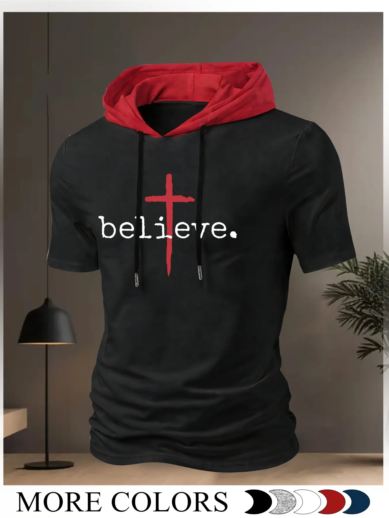 Men's Contrast Hood Short Sleeve T-Shirt, Graphic Hoodies, Casual Streetwear, believe Red Cross Christian Faith-Based Top, Soft Breathable Fabric Casual Tee for Church, Daily Wear & Spiritual Gifts, Available in Multiple Colors
