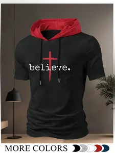 Men's Contrast Hood Short Sleeve T-Shirt, Graphic Hoodies, Casual Streetwear, believe Red Cross Christian Faith-Based Top, Soft Breathable Fabric Casual Tee for Church, Daily Wear & Spiritual Gifts, Available in Multiple Colors