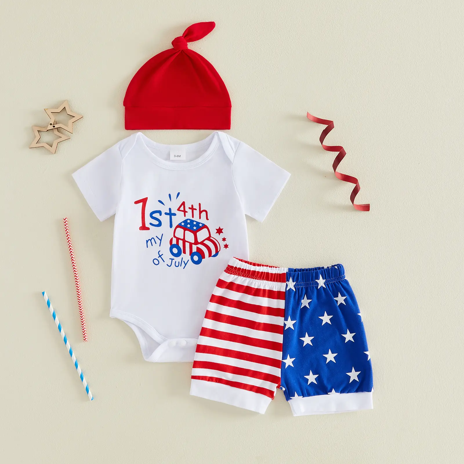 Baby Boy 4th of July Outfit Casual Car Letter Crew Neck Short Sleeve Romper Striped Star Shorts and Hat 3 Pcs Set