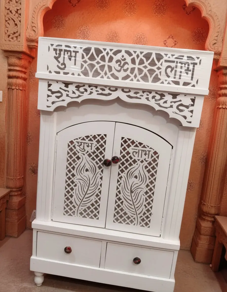 Classic Large White Hand-Crafted Wood & Engineered Wood Rectangular Mandir Cabinet - Single Unit Indoor Cupboard, Laser-Cut 'Shubh Labh' Carvings, Peacock-Feather Mesh Pattern, 24 in L Drawer Base Storage, LED Lights, 44 in H, Home Use, H: 44 In