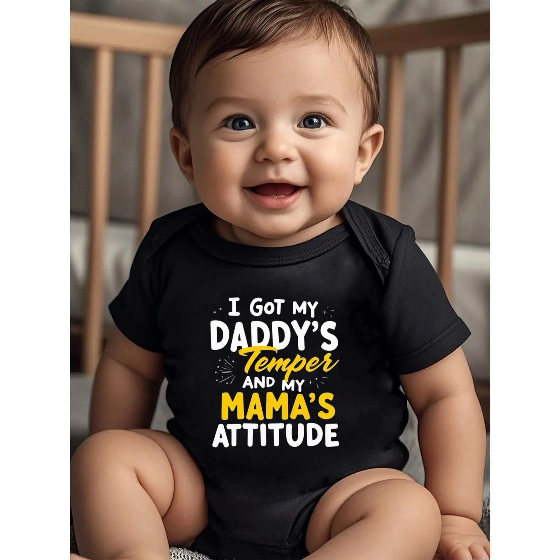 Funny "I Got My Daddy's Temper & Mama's Attitude" Baby Boy Onesie - Soft Breathable Cotton Bodysuit, Easy Diaper changes, Newborn Outfit, Birthday Gift for Boys - Babyboy Clothes, Easycare Infant Wear, Playful Graphic Onesie