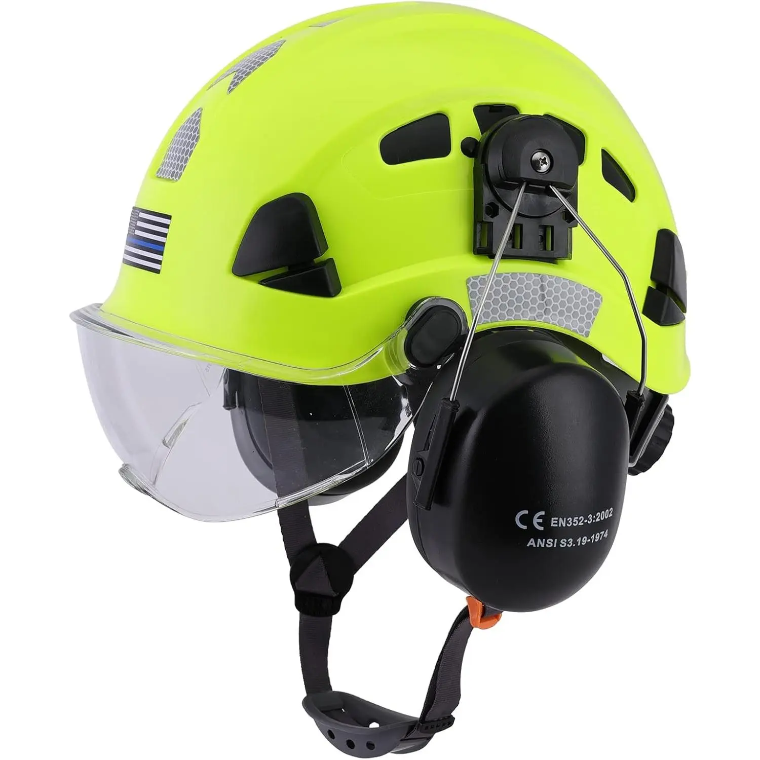 Vented Hard Hat Safety Helmet - 3-in-1 Head Cover with Adjustable Ratchet, Flip-up Shield, Noise-Reducing Ear Muffs, 8-Vent Airflow, Sweat-Wicking Design, Chin Strap, Reflective Strips Improves Visibility for Construction Sports & Outdoor Use