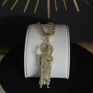 Women's Luxury Rhinestone San Judas Pendant Necklace, 24in Gold-Plated Rope Necklace Chain, Pink Cubic Zirconia, Daily Chain Jewelry, Elegant Costume Accessory