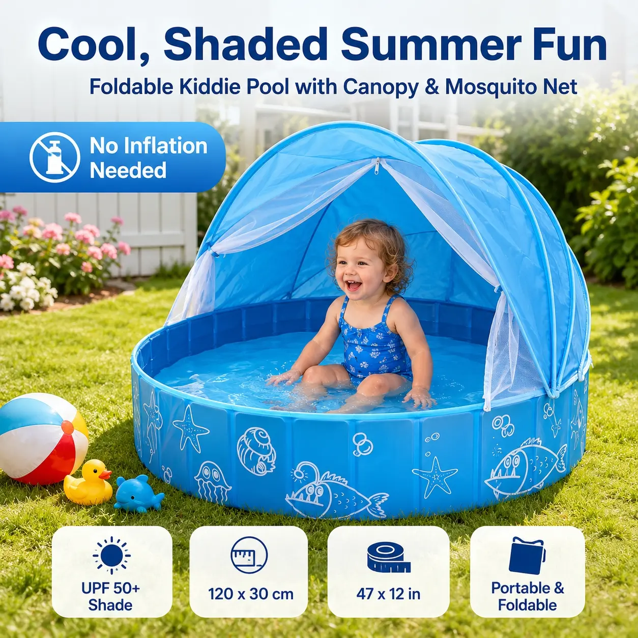 Foldable Plastic Kiddie Pool with Canopy, 120x30cm/47x12in Blue No-Inflation Toddler Pool, Thickened BPA-Free PVC Water Play Tub with UPF 50+ Sun Shade & Mosquito Net, Portable Baby Pet Ball Pit for Backyard, Beach & Summer Outdoor Fun