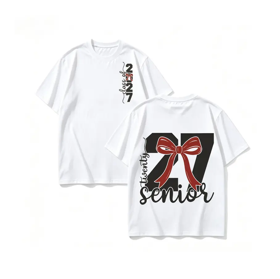 Class of 2027 Front & Back Print Red Bow Senior T-Shirt, Unisex 100% Cotton Graduation Tee