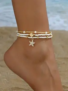 3pcs/Set Women Simple White Rice Bead/Faux Pearl Beaded Anklet With Golden Starfish & Seashell Charms, Suitable For Daily Wear And Vacation, Dainty Layered Anklet