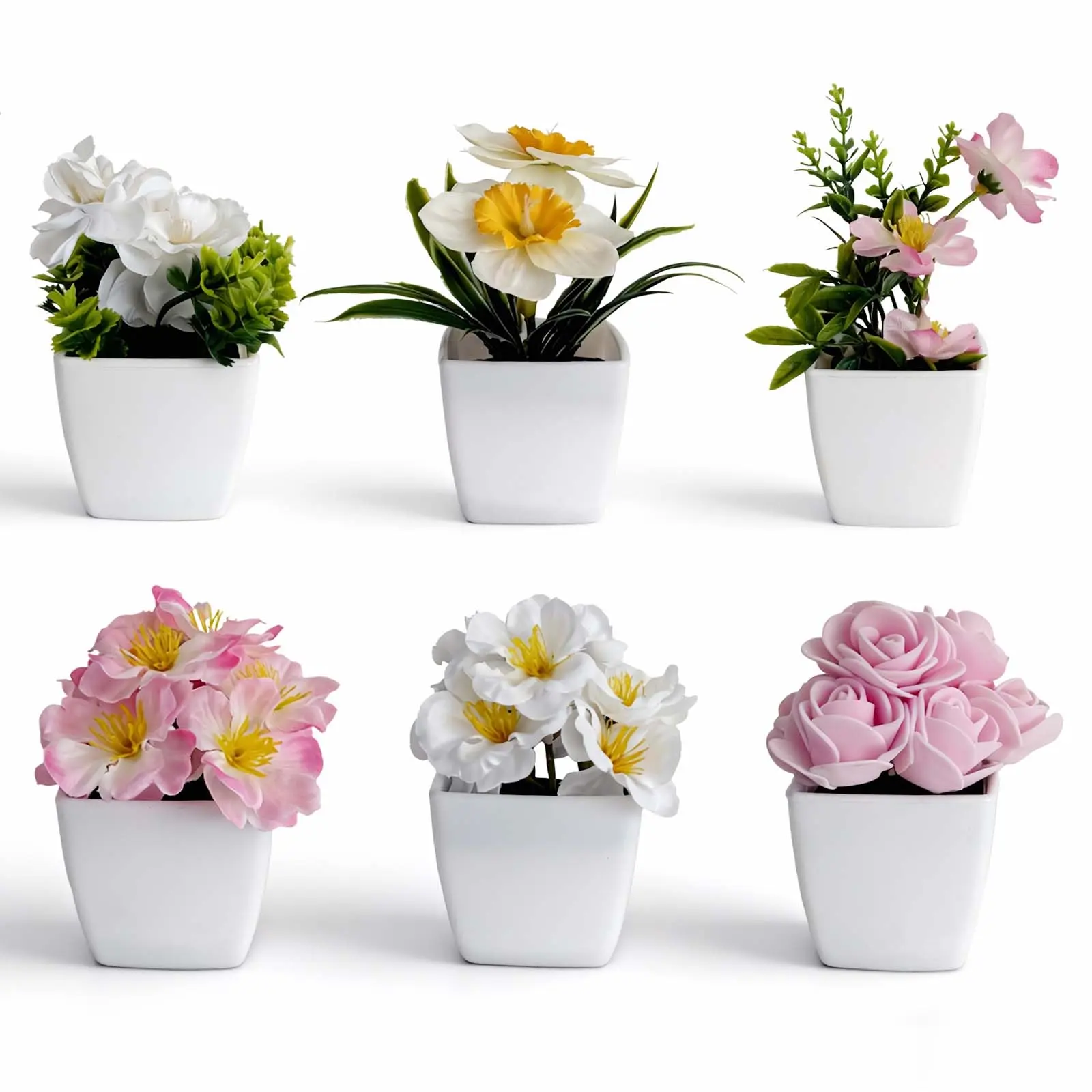 5/6 Pack Potted Artificial Flowers, Small Fake Greenery with White Cube Pot, Colorful Faux Plants for Window Tabletop Office Indoor Decor