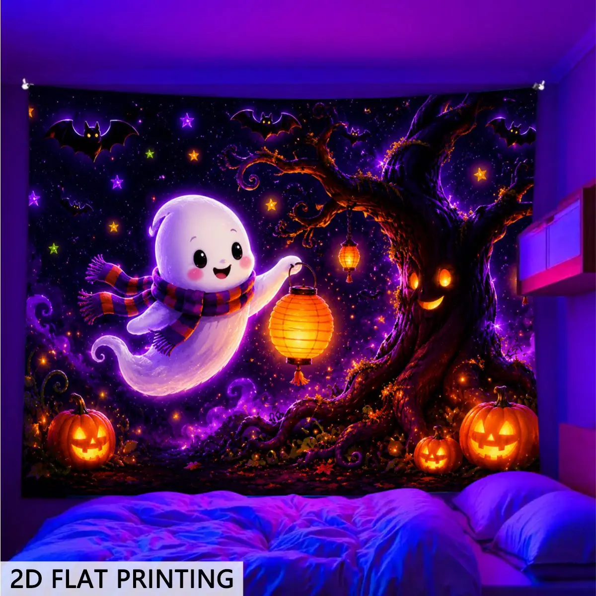 2D Flat - 2D Flat Blacklight Glow Tapestry, Scarf Spirit Lantern Pumpkin Holiday Wall Decor, Fits Gaming Room, Dorm, Bedroom & Halloween Party Backdrop. Ideal Seasonal Decor to Light Up Party Space with Glowing Starry Purple Twisted Tree Night Scene