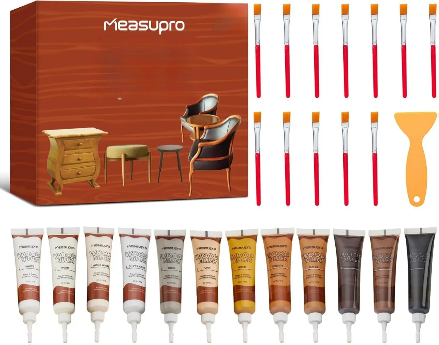 Furniture Repair Kit 25PC - Brushes, Markers, Scraper, Resin Wood Filler, Fillers with Wood Putty, Any Color Wood Combination, Scratch & Molding Repair, Restore Laminate Vinyl Veneer Flooring