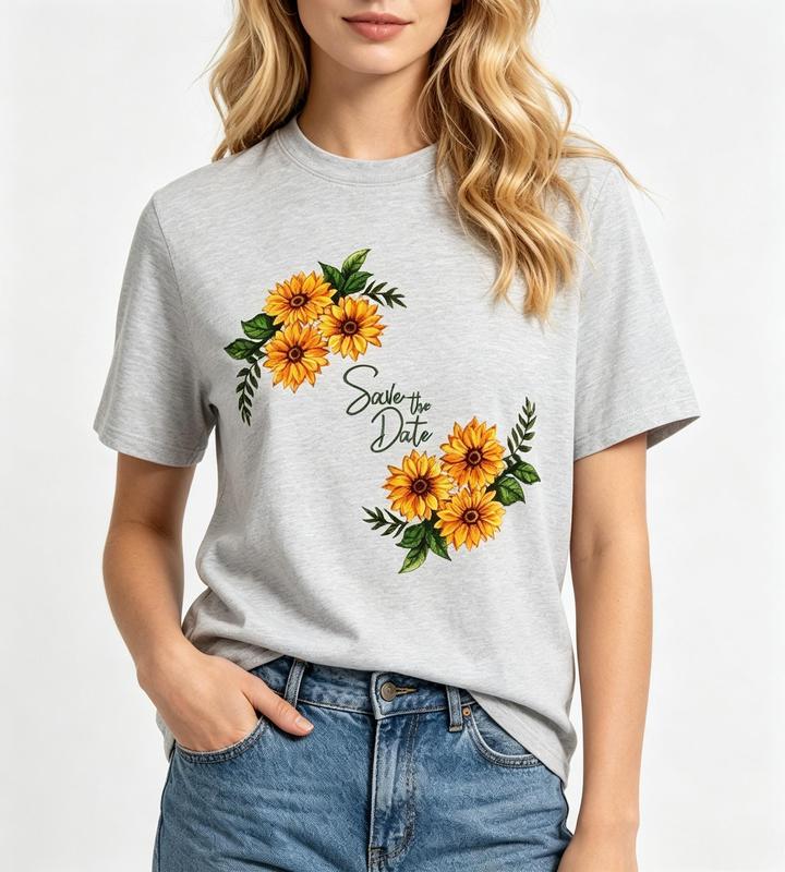 Women's Well-Fitted Premium Cotton Short-Sleeve Crew Neck Sunflower Graphic Save The Date T-Shirt, Heather Gray, Casual Beach Top #sohochic