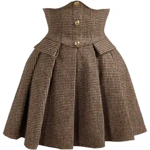 Women's Plaid Mini Skirt Button Front Pleated A Line Flowy Elegant Houndstooth Skirts