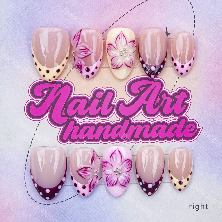 Delicate Thing Y2K Style Short Almond Nail Set, Handmade Wearable Nails with Carving, Spots, French Tips and Flower Designs, Includes Adhesive Gel, Dead Skin Pusher and Scrubber, Nail Accessories, DIY Nail Art Supplies