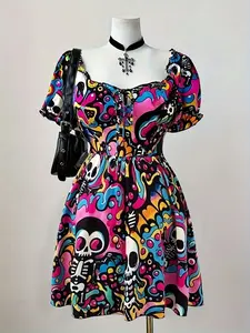 Fashion Casual Skull Pattern Pleated Sleeve Plus Size Dress, Stylish Loose Fit Women's Clothing, Comfortable Daily Wear