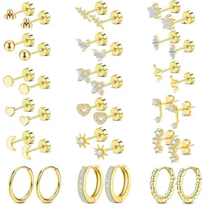 18K Gold Flat Back Earrings for Women -18 Pairs Hypoallergenic Surgical Steel Flatback Stud Earrings Hoop Earrings Dainty Cartilage Earring Gold Earring Stack Set for Multiple Piercing