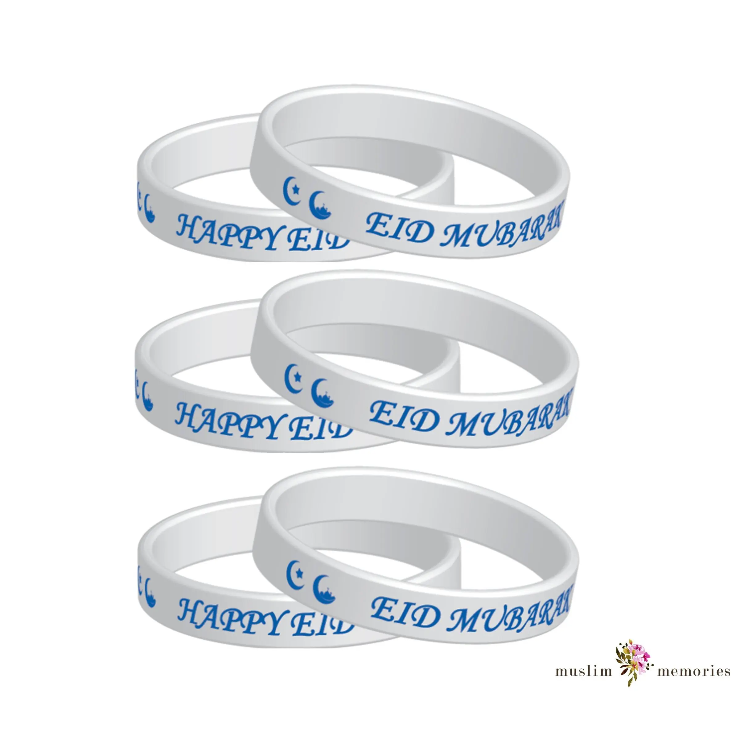 Eid Mubarak/Happy Eid White Wristband Set of 6 Pieces