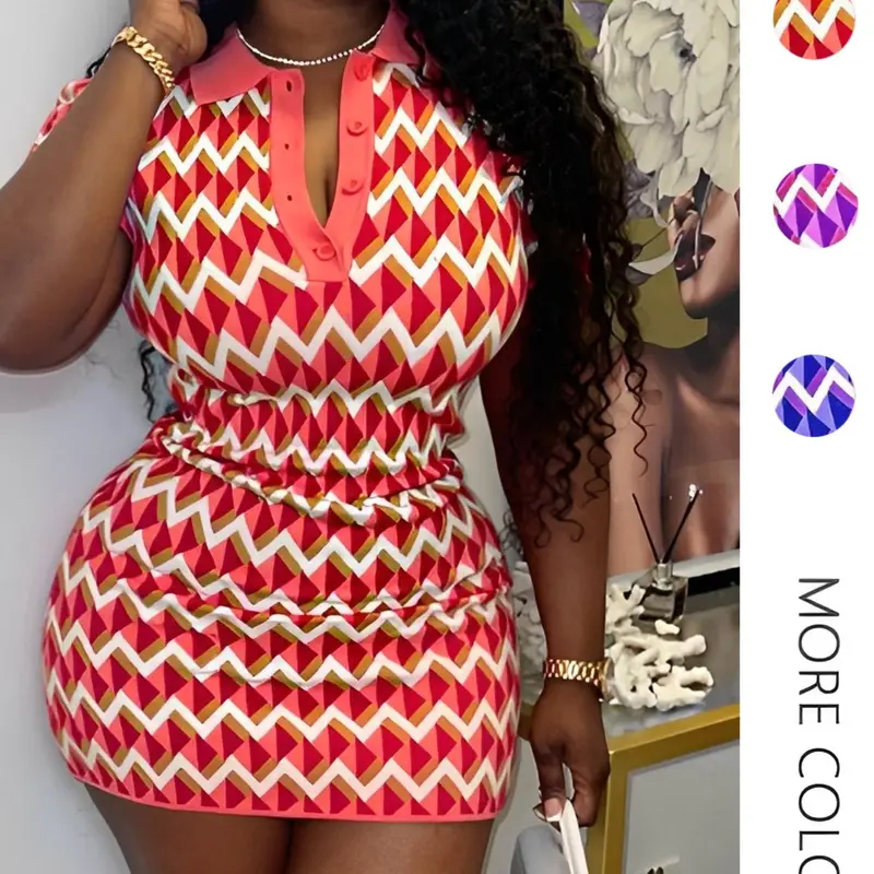 Women's Chevron Print Button-Front Bodycon Mini Dress, Sleeveless Polo Neck Summer Dress for Daily Wear, Casual Chic Outfit, Bodycon Shirt Dress, Casual Summer Dresses