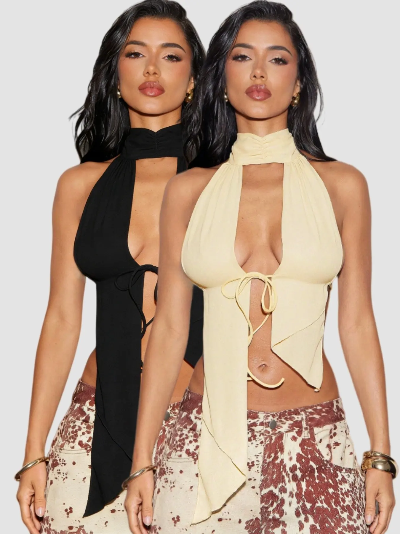 Women's Asymmetrical Hem Short Top Set, Backless Sleeveless Party Clubwear, Sexy Fit Halter Neck Tie Front Blouse, Two Piece Womenswear