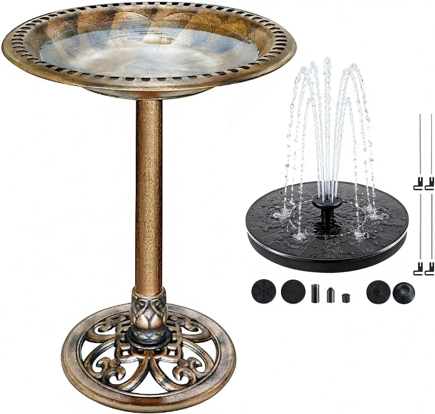 【Deals for You Days】2-in-1 Bird Bath for Outside, 28 Inches Tall 15 Inches Wide Plastic Retro Copper Birdbath with  Solar Water Fountain, Outdoor Garden Lawn Decor - Father's Day Gift Idea