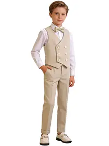 Boys Herringbone 3-Piece Formal Vest Set | Vest + Pants + Matching Bow Tie | Elegant Piano Recital, Wedding Ring Bearer, Party & Runway Outfit for Kids (No Shirt Included) - XT8219
