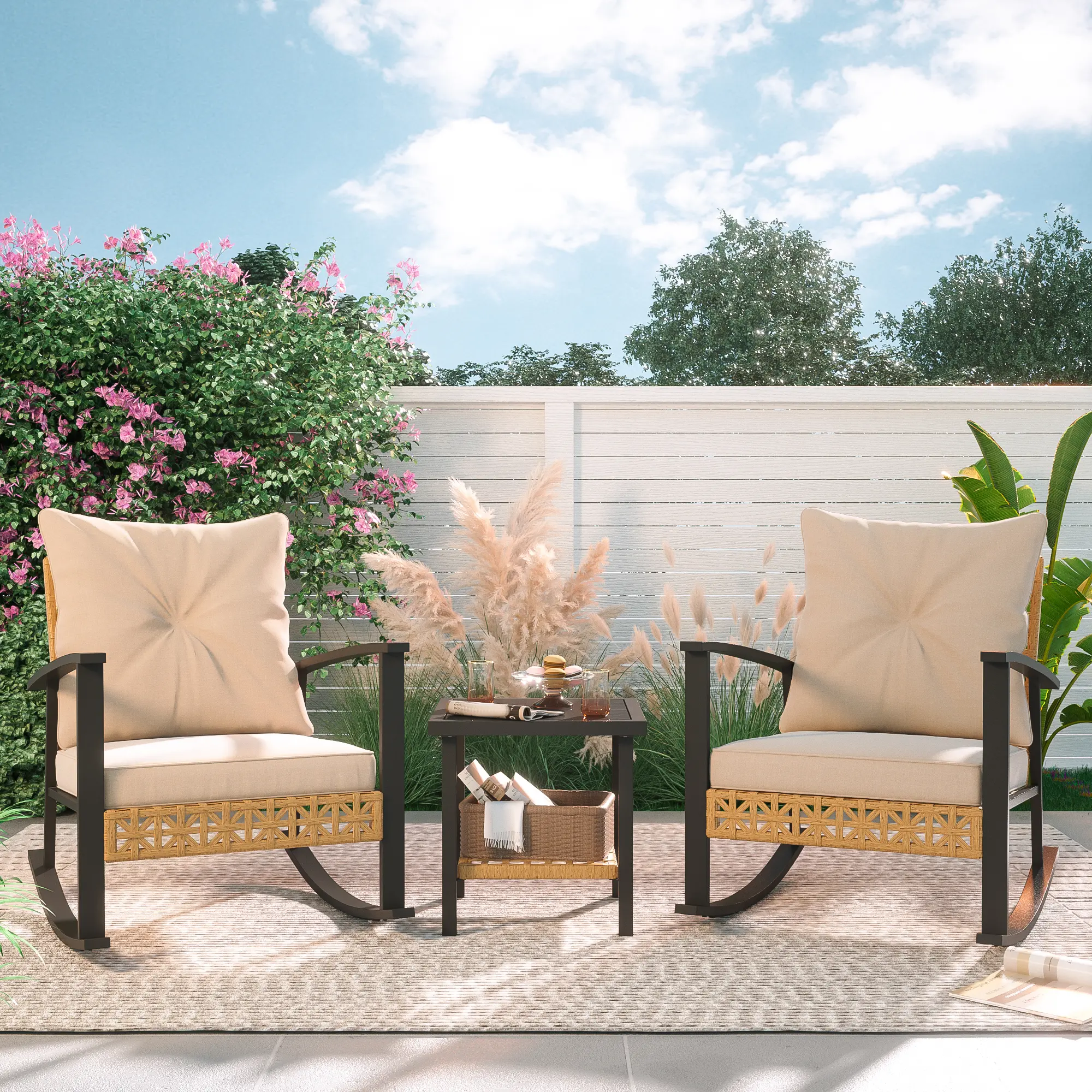 SOLVYA Outdoor Rattan Rocking Bistro Furniture Set with Coffee Table, Patio Conversation Set for Garden Balcony Backyard Poolside