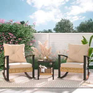 SOLVYA Outdoor Rattan Rocking Bistro Furniture Set with Coffee Table, Patio Conversation Set for Garden Balcony Backyard Poolside