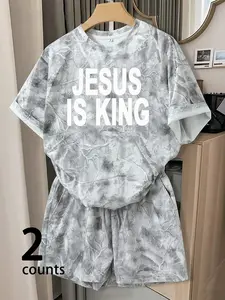 Women's "Jesus Is King" Camo Print Two Piece Set, Oversized Tee + Shorts Casual Loungewear Pajama Outfit | #JesusIsKing #ChristianLoungewear #TwoPieceSet