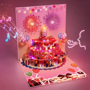 3D Musical Pop-Up Birthday Card - Pink Office Stationery Card Stock with Cake LED Candle Lights, Colorful Lighting, Music, Birthday Party Gift for Kids