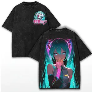 Hatsune Miku Cyber Neon Oversized Washed Tee – Vintage Anime Streetwear Graphic Shirt, Unisex Gift for Fans