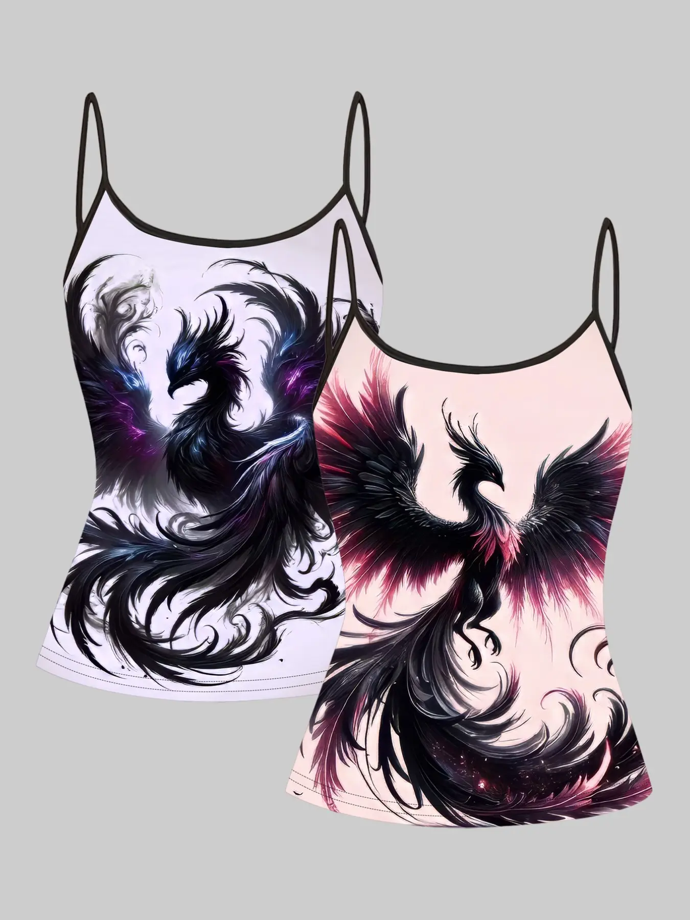 Dark Phoenix Rebirth Print Strap Top, Graphic Print Cami Camisole, 2-Pack Smoke Thin Shoulder Top, 3D Wingless Sleeveless Casual T-Shirt for Women, Summer Outerwear Innerwear, Casual Fitted Sleeveless