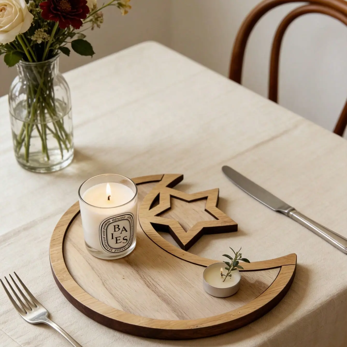 1pc Happy Eid al-Fitr Wooden Moon and Star Tray Handicraft DIY Decorative Item, Moon Festival Home Snack and Fruit Tray, Ramadan Festival decoration, Aesthetic