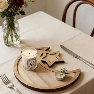 1pc Happy Eid al-Fitr Wooden Moon and Star Tray Handicraft DIY Decorative Item, Moon Festival Home Snack and Fruit Tray, Ramadan Festival decoration, Aesthetic