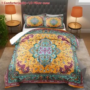 3-piece Spring and Summer Bohemian Floral Retro Style Orange Quilted Duvet Set (1 Duvet + 2 Pillowcases, without pillow inserts). The duvet contains 200gsm filling, is soft and breathable, features digital printing, and is suitable for bedroom, dormitory,