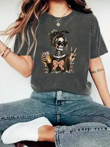 Women's Deep Skull Girl Print T-Shirt Crewneck, Comfortable Casual Daily Wear, Fitted Style, All Seasons Moderate Fabric, Summer Fashion Tee