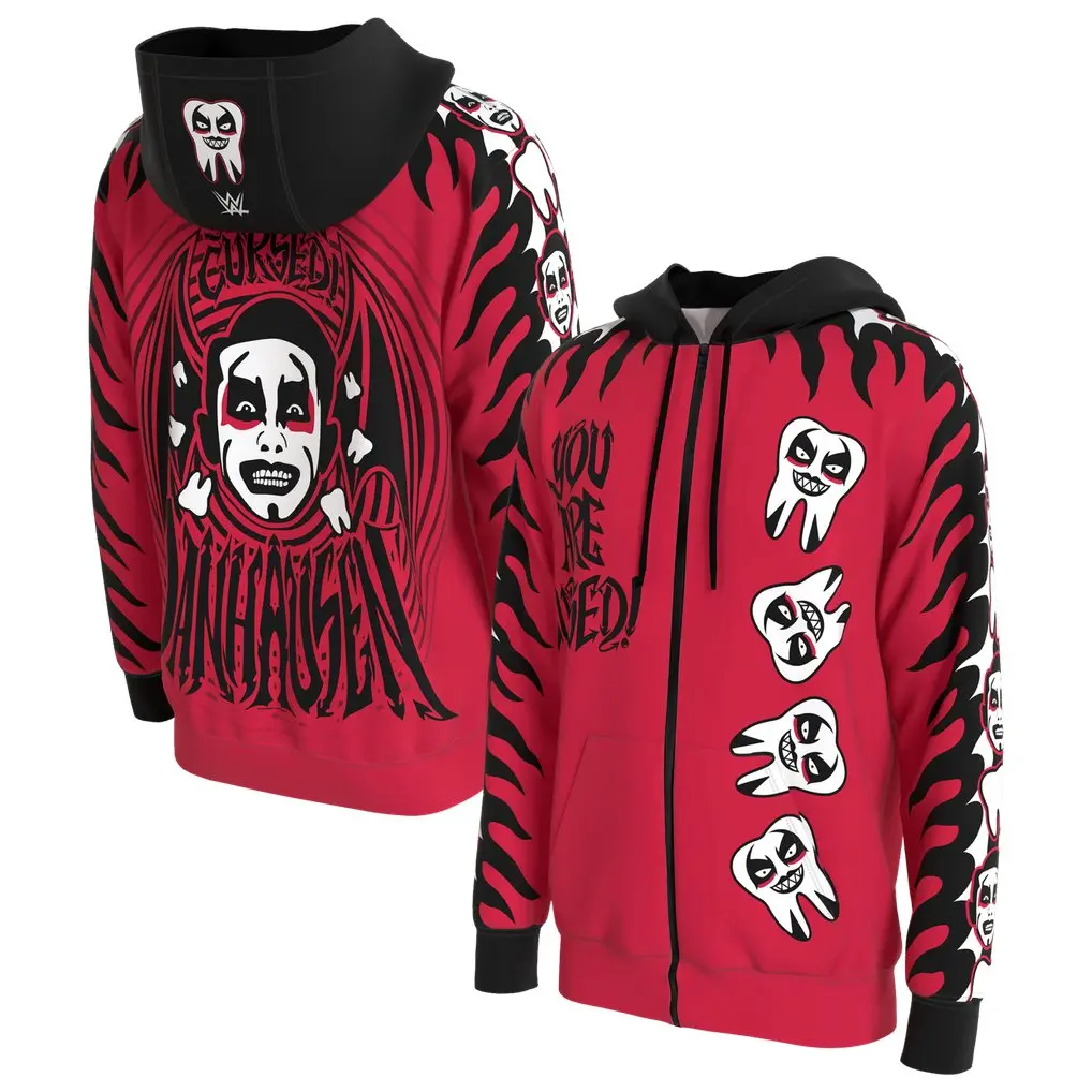WWE Danhausen Inspired Full-Zip Hoodie – Men's Red Graphic Sweatshirt, Wrestling Inspired Artwork, Bold Streetwear Jacket, Edgy Urban Style