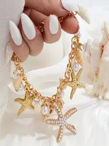1-Pack Alloy Faux Imitation Pearl Inlaid Conch Pendant Bracelet Bohemian Style Starfish Shell Pendant Faux Imitation Pearl Bracelet Set Beachy Vacation Bracelet