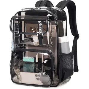 Clear Backpack Heavy Duty, PVC Clear Bookbag Transparent Backpack See Through Bag for Stadium College for Adult Men Women, Semi-Black
